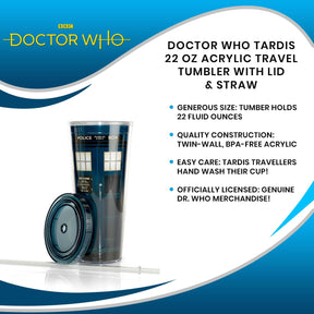 Doctor Who TARDIS 22 Oz Acrylic Travel Tumbler With Lid & Straw