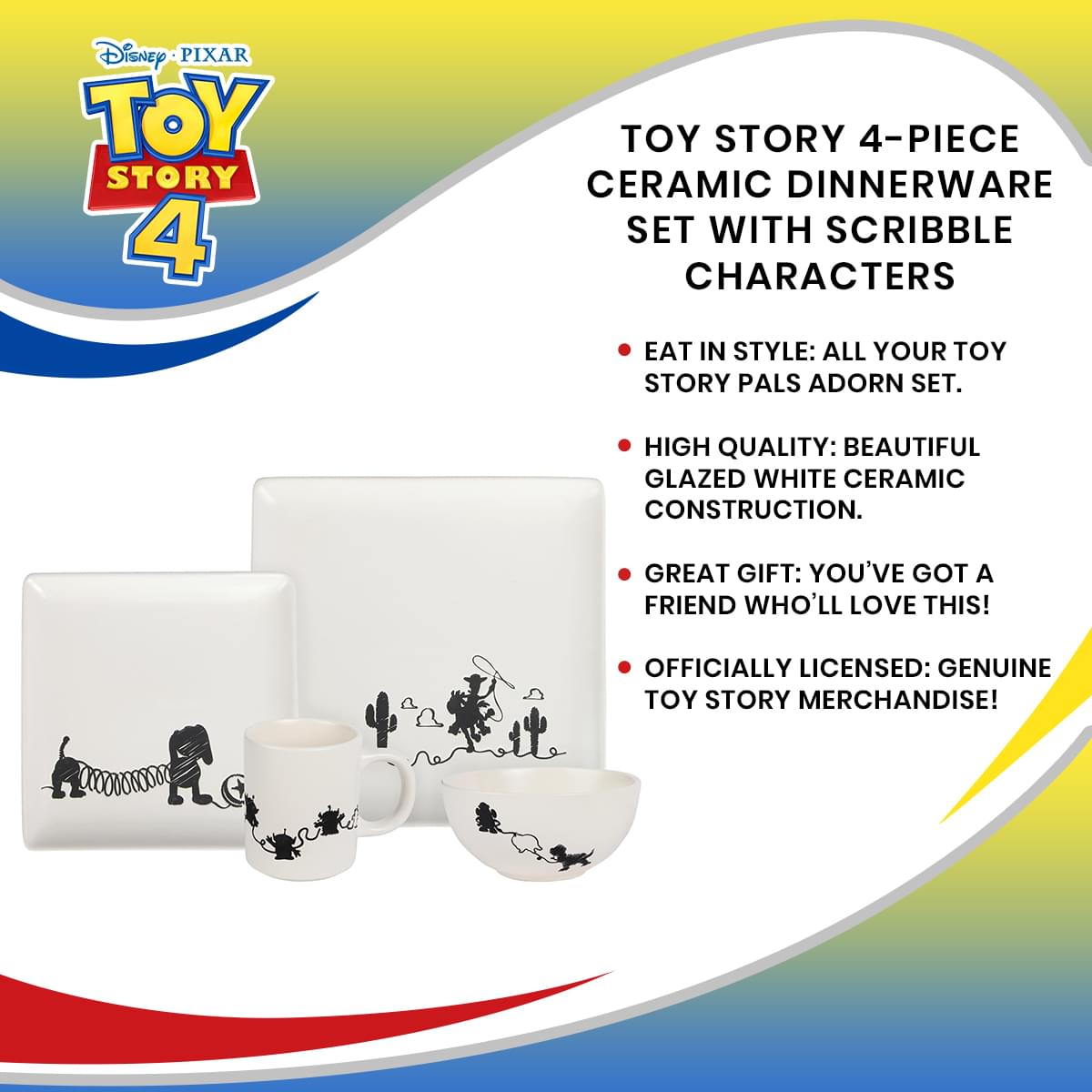 Toy Story 4-Piece Ceramic Dinnerware Set With Scribble Characters