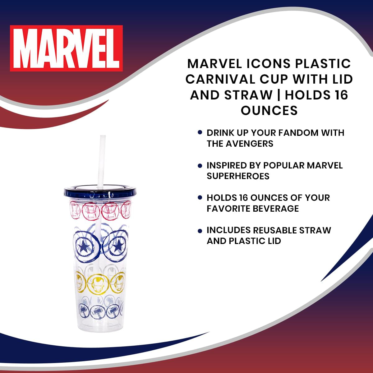 Marvel Icons Plastic Carnival Cup with Lid and Straw | Holds 16 Ounces