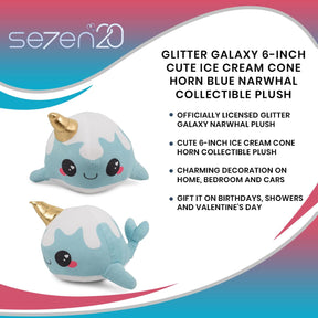 Glitter Galaxy 6-Inch Cute Ice Cream Cone Horn Blue Narwhal Collectible Plush