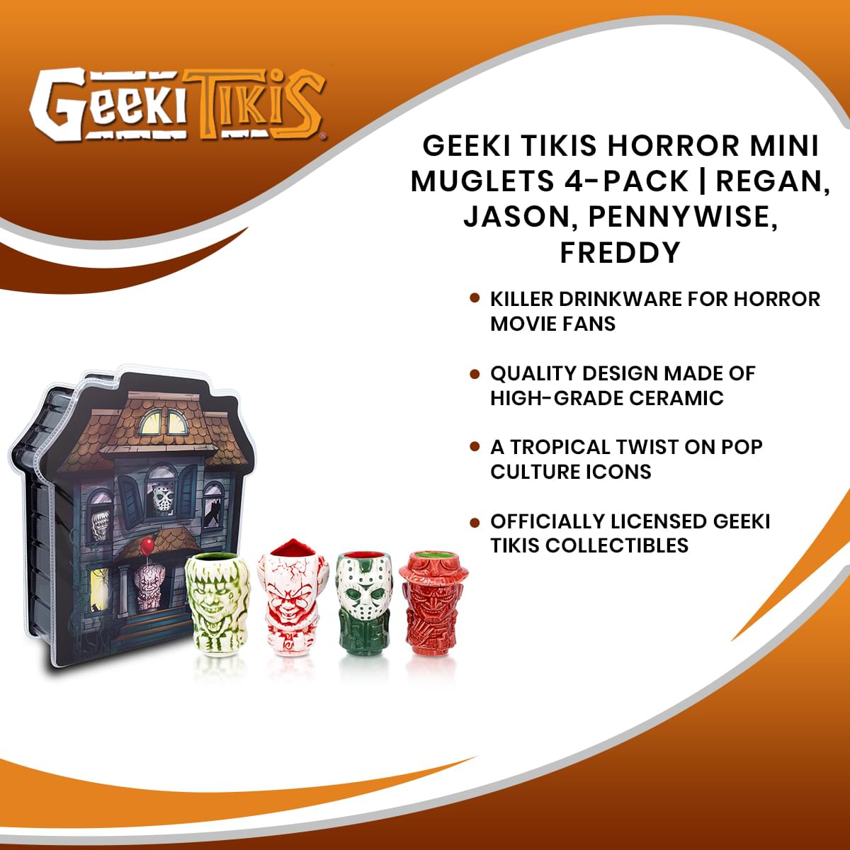 Geeki Tikis Horror Mini Muglets 4-Pack | Regan, Jason, Pennywise, Freddy