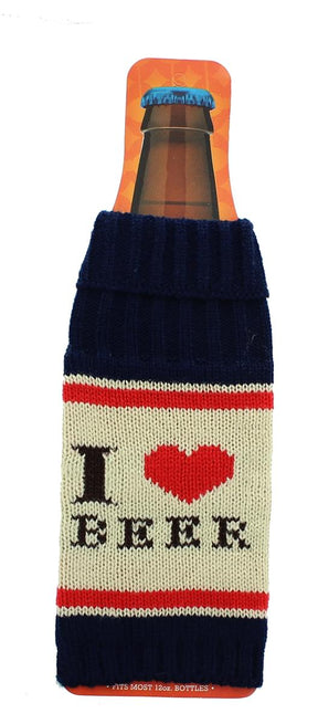 Knit Beer Bottle Cooler - "I Love Beer" Navy/White/Red