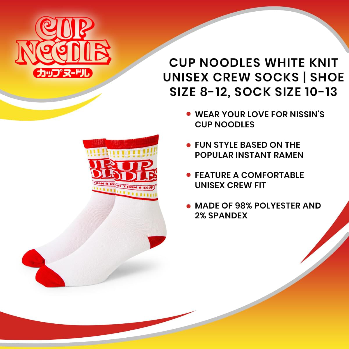 Cup Noodles White Knit Unisex Crew Socks | Shoe Size 8-12, Sock Size 10-13