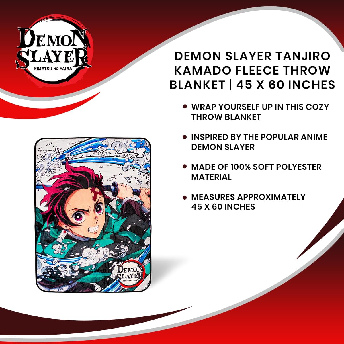 Demon Slayer Tanjiro Kamado Fleece Throw Blanket | 45 x 60 Inches