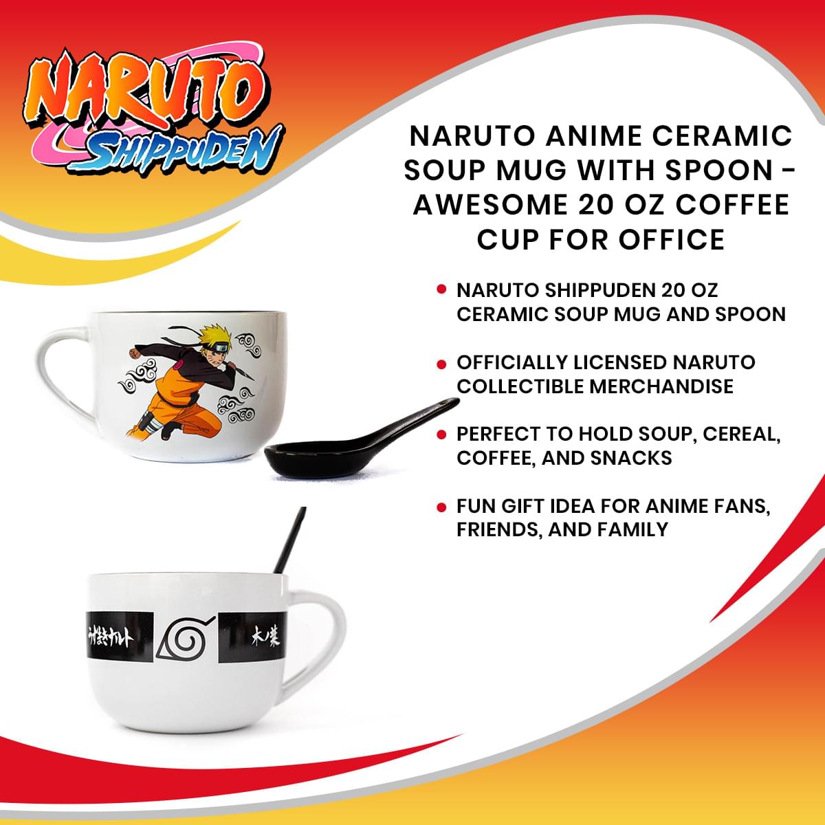 Naruto Anime Ceramic Ramen Soup Mug with Spoon - Awesome 20 oz Coffee