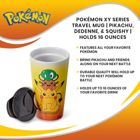 Pokémon XY Series Travel Mug | Pikachu, Dedenne, & Squishy | Holds 16 Ounces