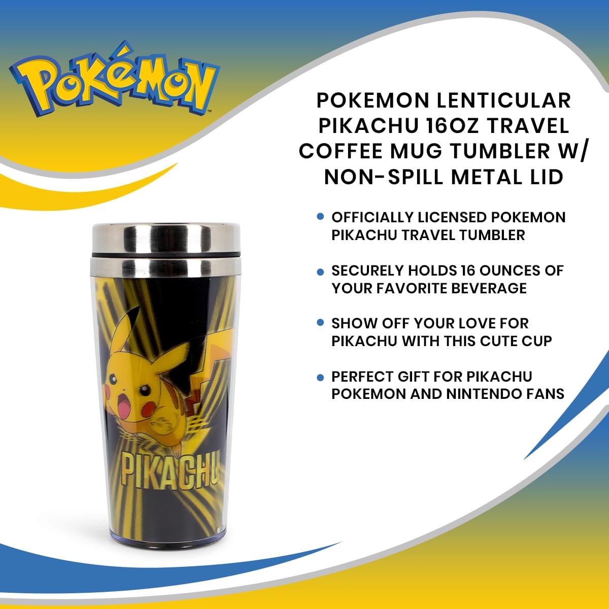 Pokemon Lenticular Pikachu 16oz Travel Coffee Mug Tumbler w/ Non-Spill  Metal Lid 