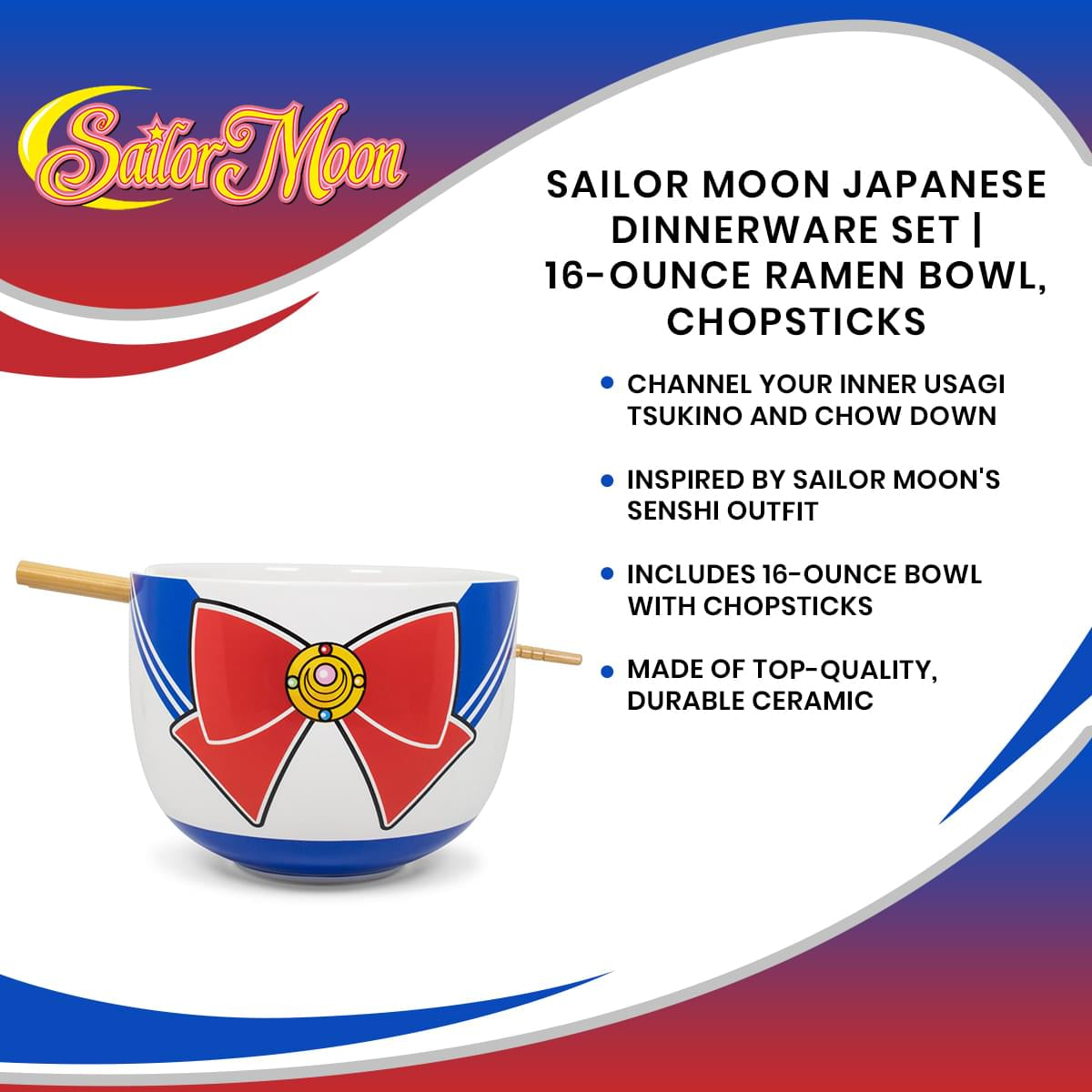 Sailor Moon Japanese Dinnerware Set | 16-Ounce Ramen Bowl, Chopsticks