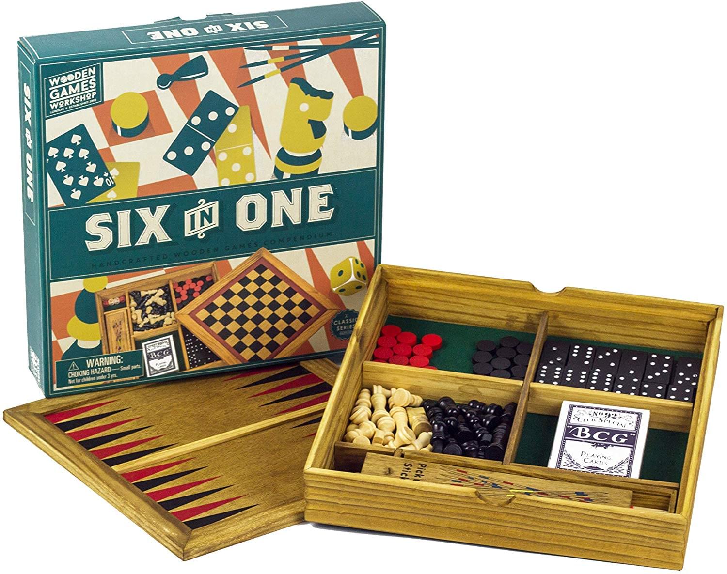 Wooden Games Compendium | Portable Six in One Combination Game Set