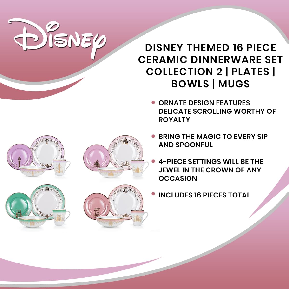 Disney Princess 16-Piece Dinnerware Set #2 - Tiana, Rapunzel