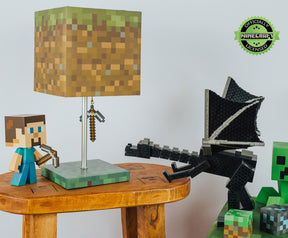 Minecraft Grass Block Desk Lamp With Pickaxe 3D Puller | 14 Inches Tall