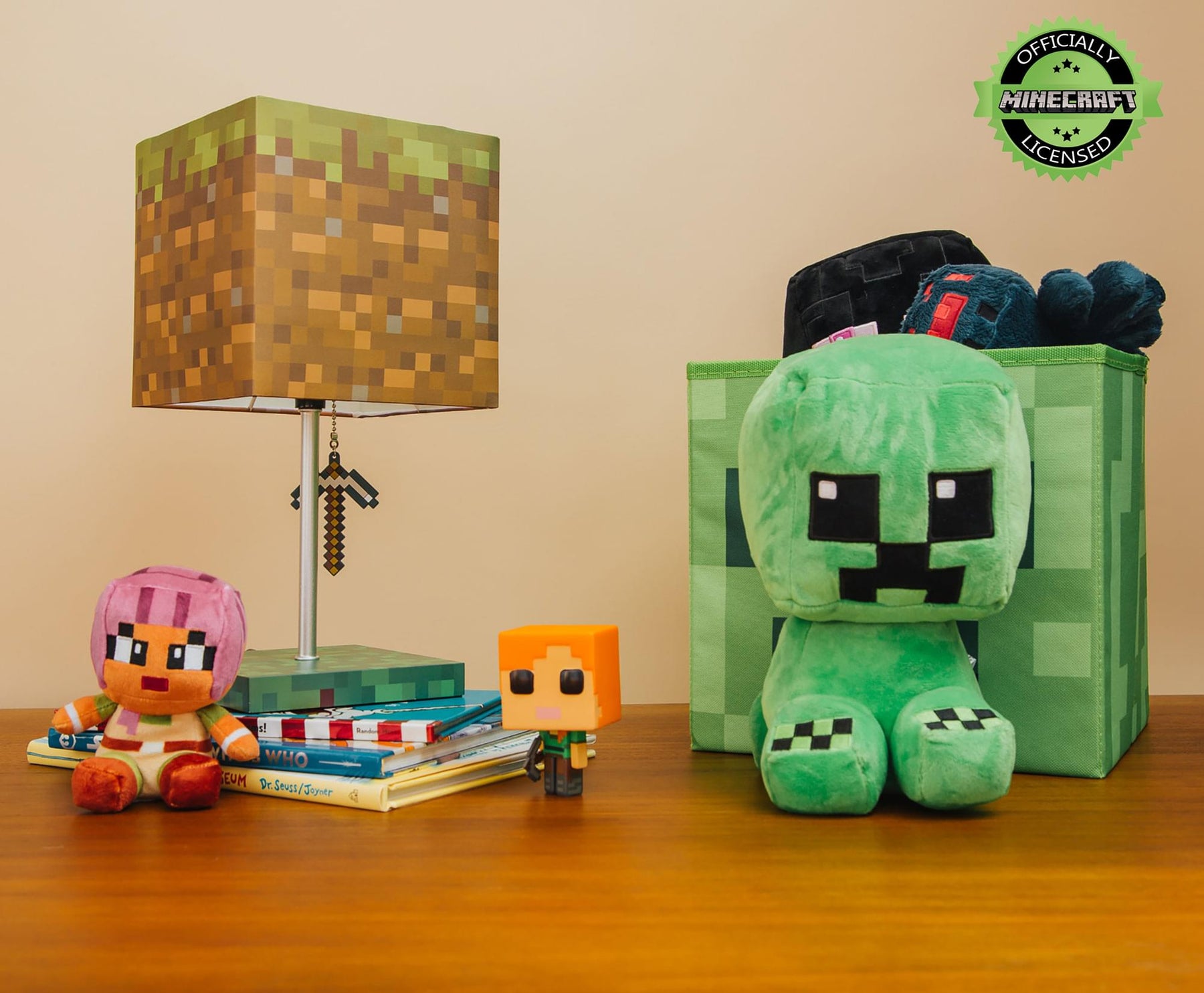 Minecraft Grass Block Desk Lamp With Pickaxe 3D Puller | 14 Inches Tall