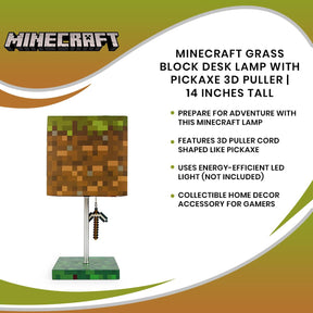 Minecraft Grass Block Desk Lamp With Pickaxe 3D Puller | 14 Inches Tall