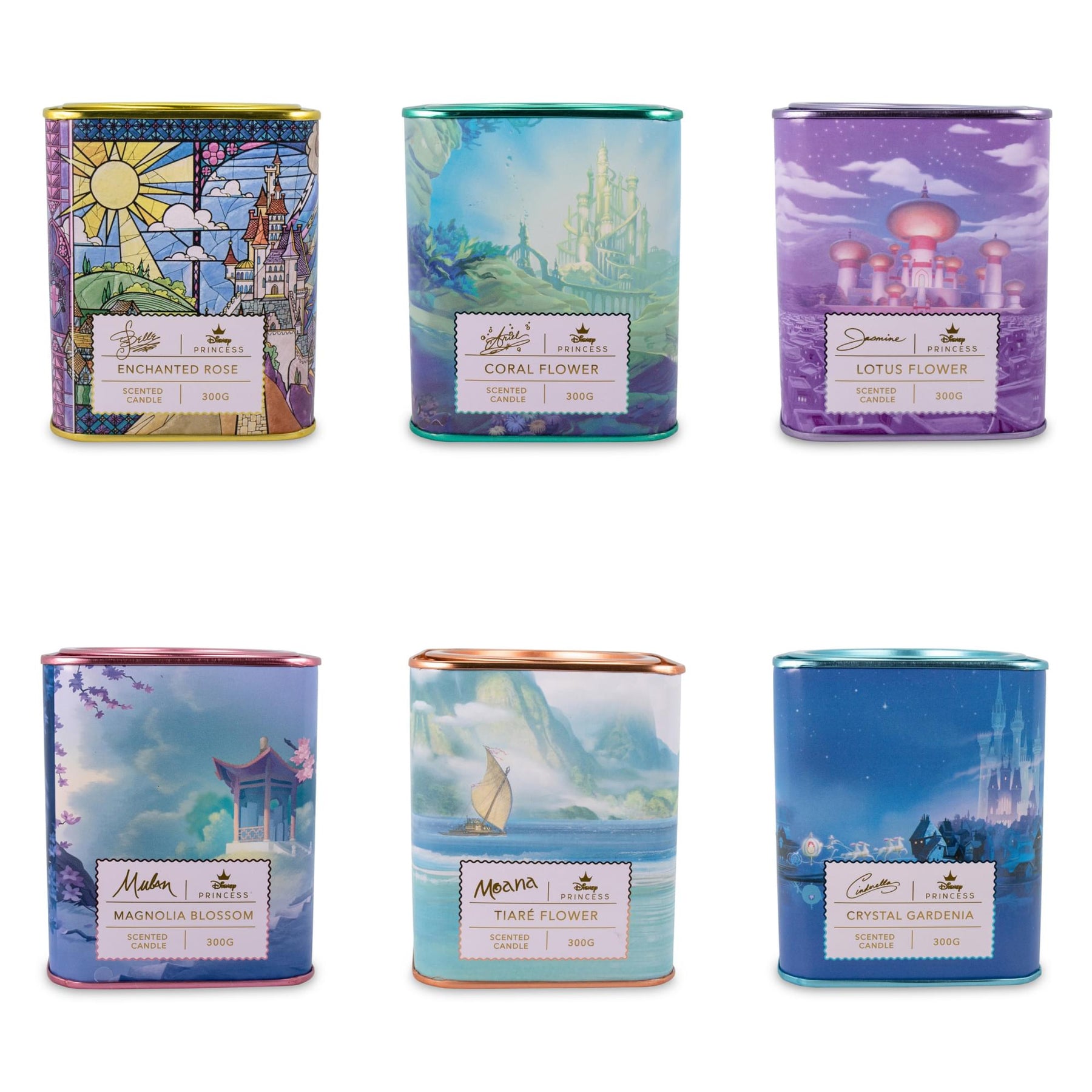 Disney Princess Home Collection 10.5oz Tea Tin Candle Set of 6