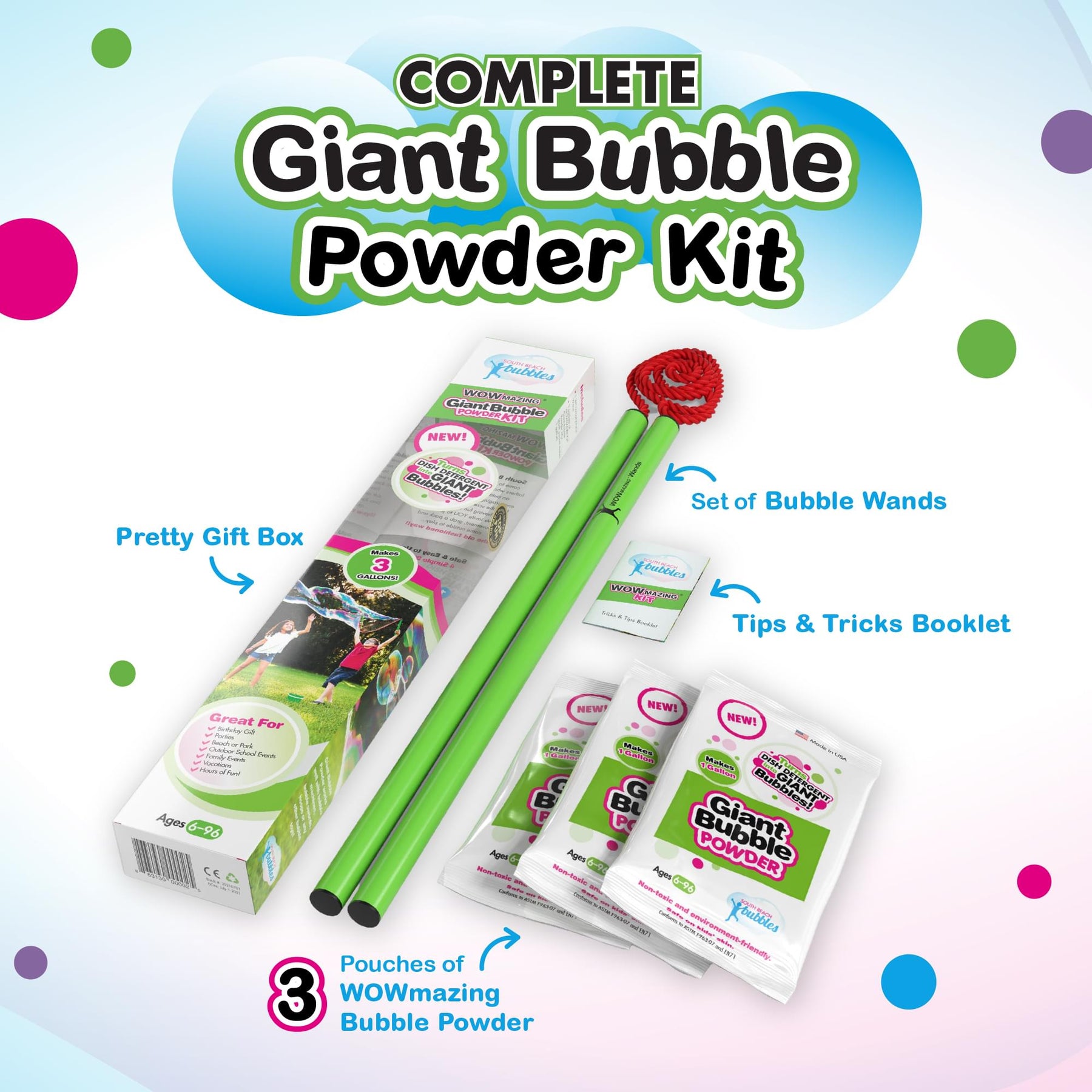 WOWmazing Giant Bubble Powder 4-Piece Kit | Wand + 3 Packets Bubble Powder