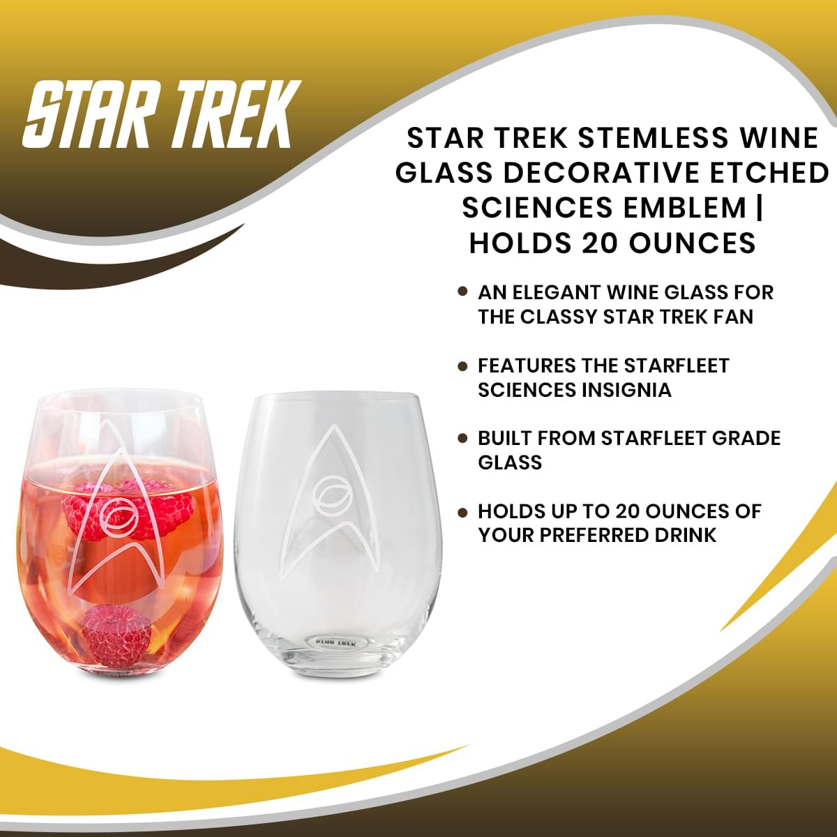 Star Trek Stemless Wine Glass Decorative Etched Sciences Emblem | Holds 20 Ounces