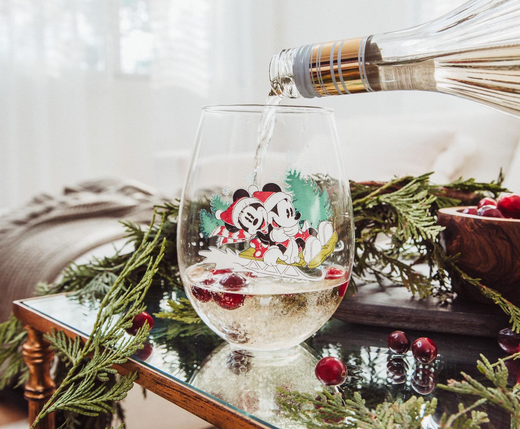 Silver Buffalo Disney Mickey and Minnie Christmas Sled Stemless Wine Glass  | Holds 33.8 Ounces