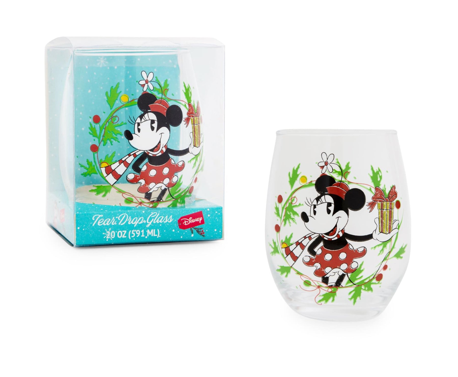 Disney Minnie Mouse Christmas Wreath Stemless Wine Glass | Holds 20 Ounces