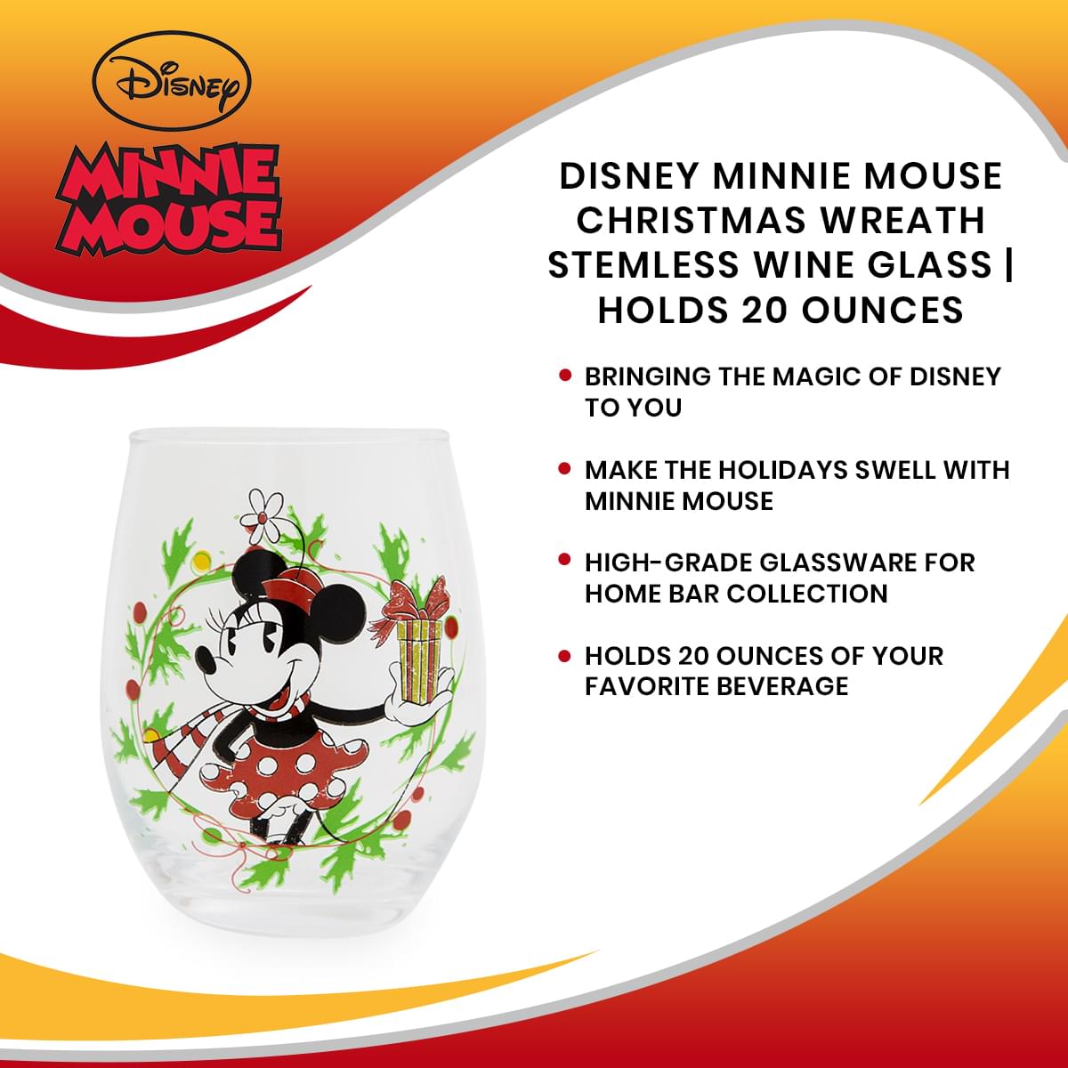 Disney Minnie Mouse Christmas Wreath Stemless Wine Glass | Holds 20 Ounces