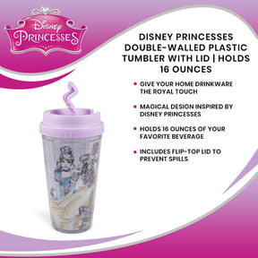 Disney Princesses Double-Walled Plastic Tumbler With Lid | Holds 16 Ounces