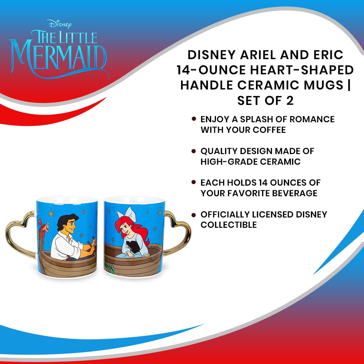 Disney Ariel and Eric 14-Ounce Heart-Shaped Handle Ceramic Mugs | Set of 2