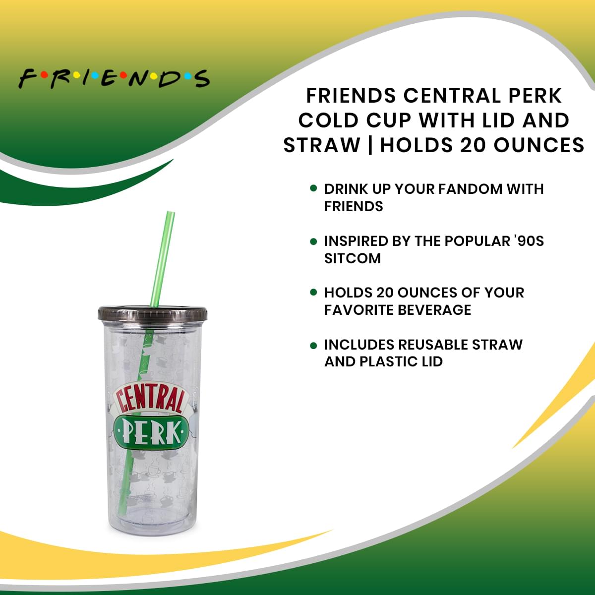 Friends Central Perk Cold Cup with Lid and Straw | Holds 20 Ounces