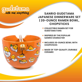 Sanrio Gudetama Japanese Top Ramen Dinnerware Set | 20-Ounce Ramen Bowl, Chopsticks