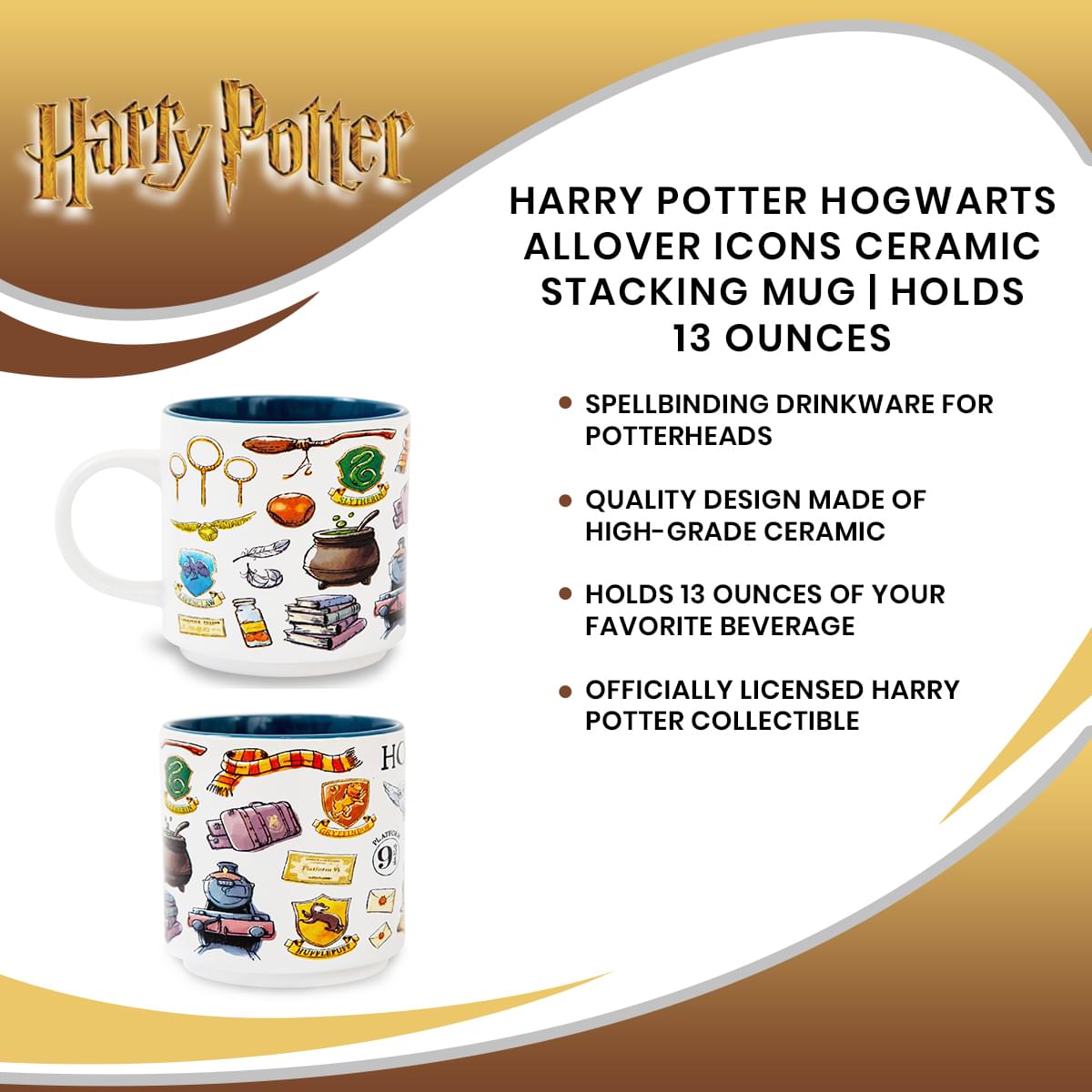 Harry Potter Hogwarts Allover Icons Ceramic Stacking Mug | Holds 13 Ounces