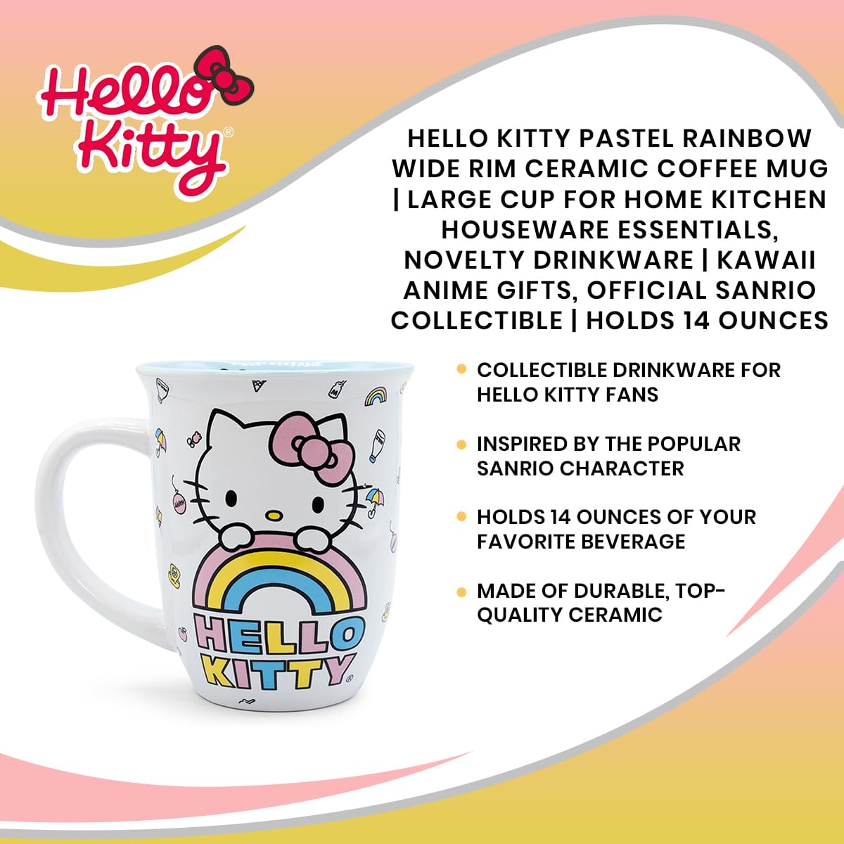 Hello Kitty Pastel Rainbow Wide Rim Ceramic Mug | Holds 14 Ounces