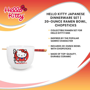 Hello Kitty Japanese Dinnerware Set | 20-Ounce Ramen Bowl, Chopsticks