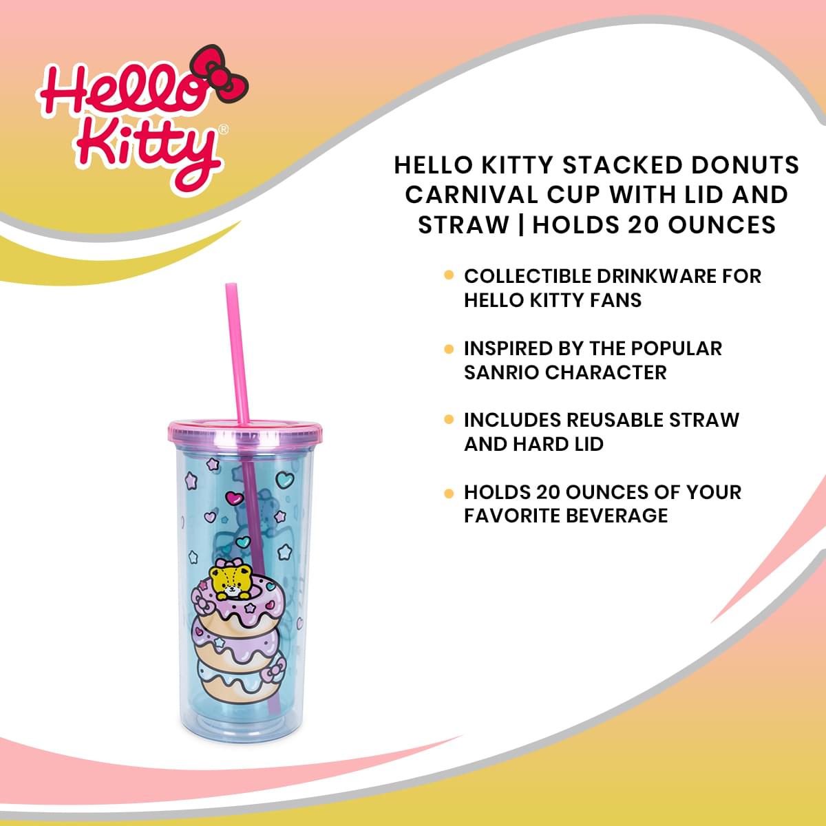 Hello Kitty Stacked Donuts Carnival Cup with Lid and Straw | Holds 20 Ounces