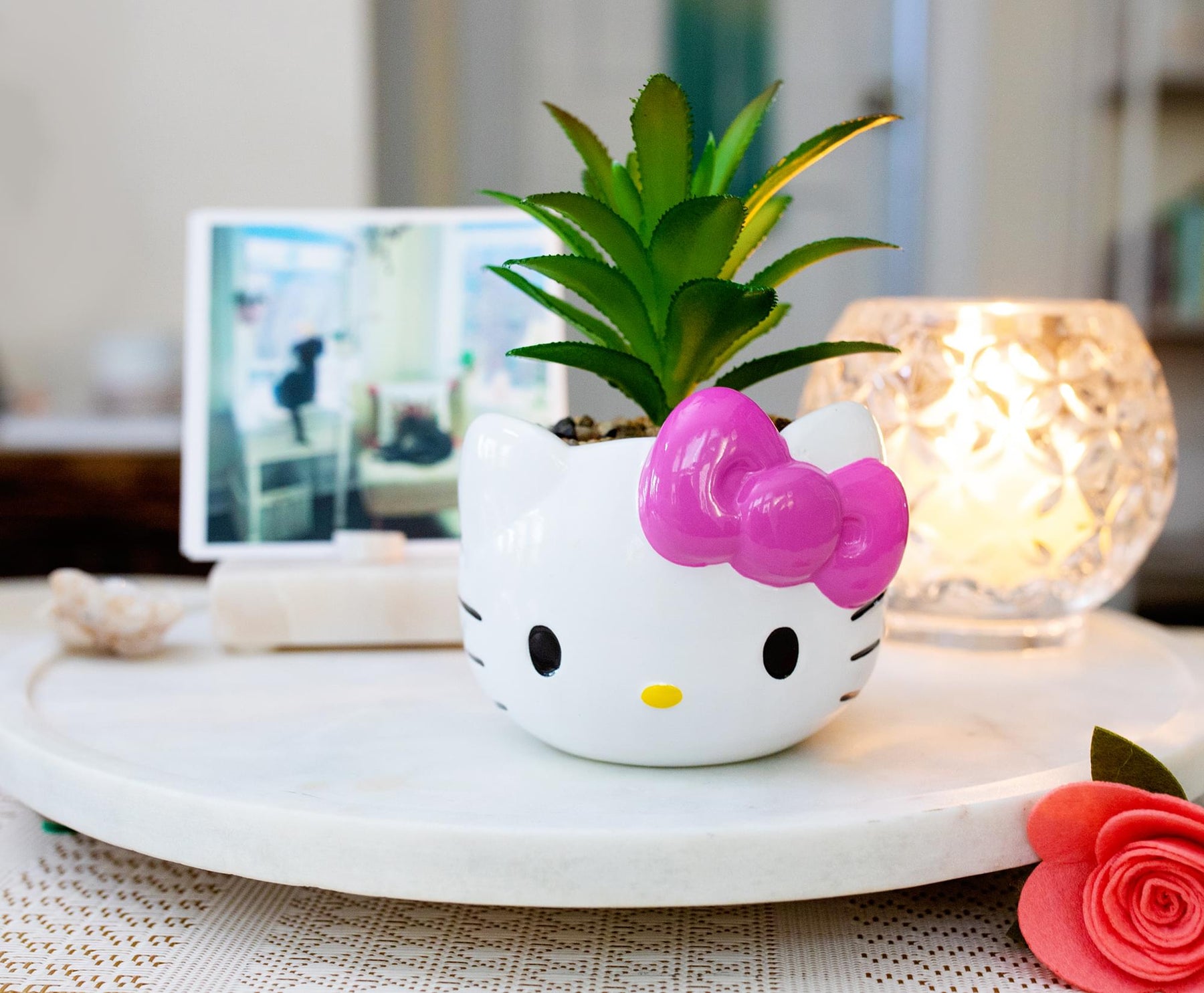 Sanrio Hello Kitty Face 3-Inch Ceramic Mini Planter with Artificial Succulent