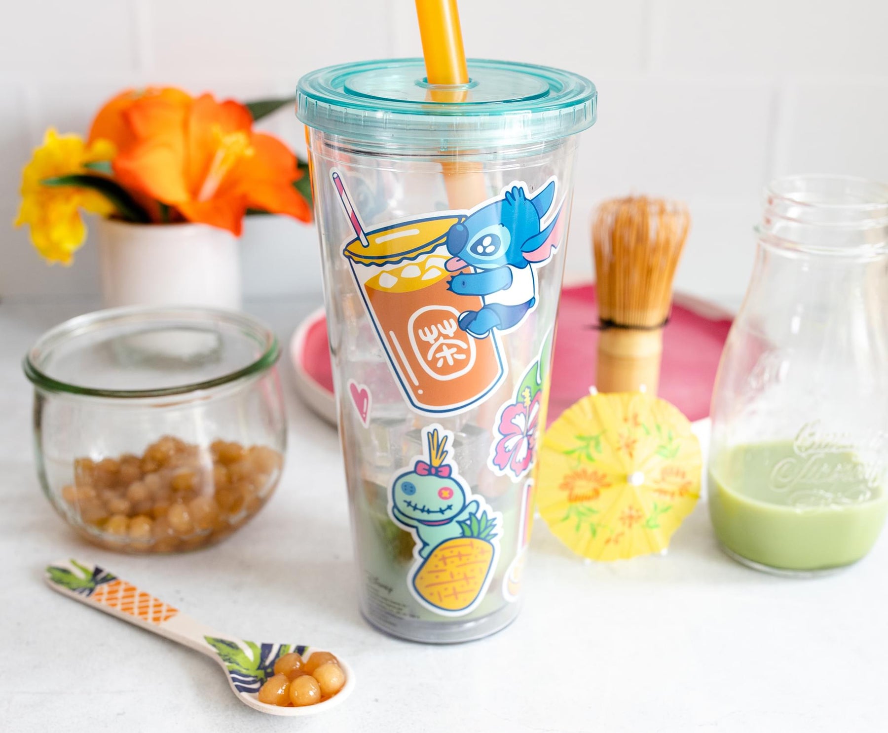 Silver Buffalo Lilo and Stitch Pastel Snack Toss Plastic Boba Tumbler w Lid  and Straw, 24 Ounces