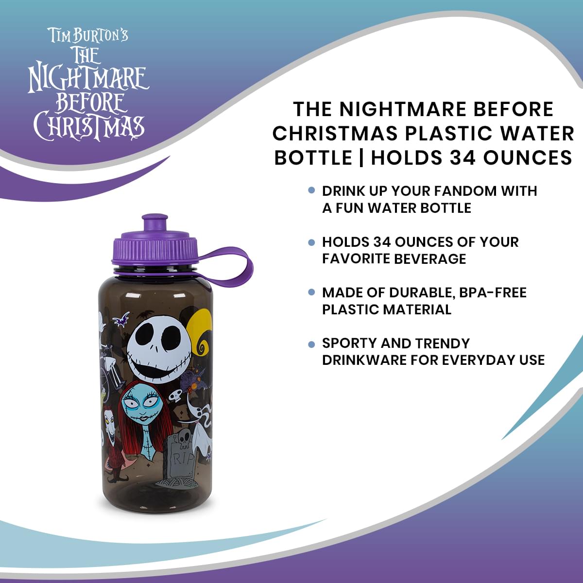 The Nightmare Before Christmas Plastic Water Bottle | Holds 34 Ounces