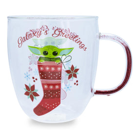 Star Wars: The Mandalorian Grogu Holiday Glitter Handle Glass Mug  | 14 Ounces