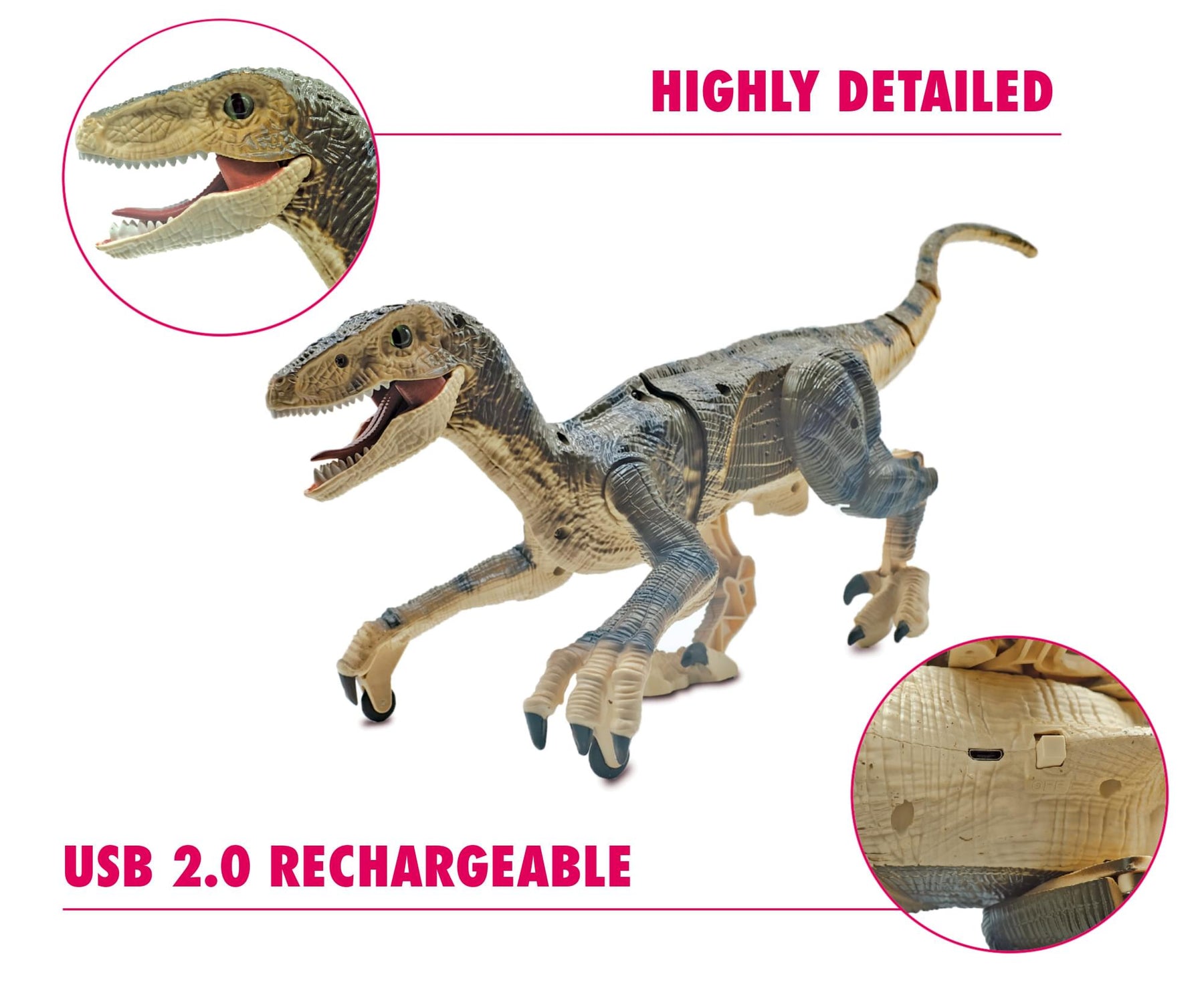 RC Dinosaur Velociraptor Toy with Realistic Walking and Sound Effects | Brown