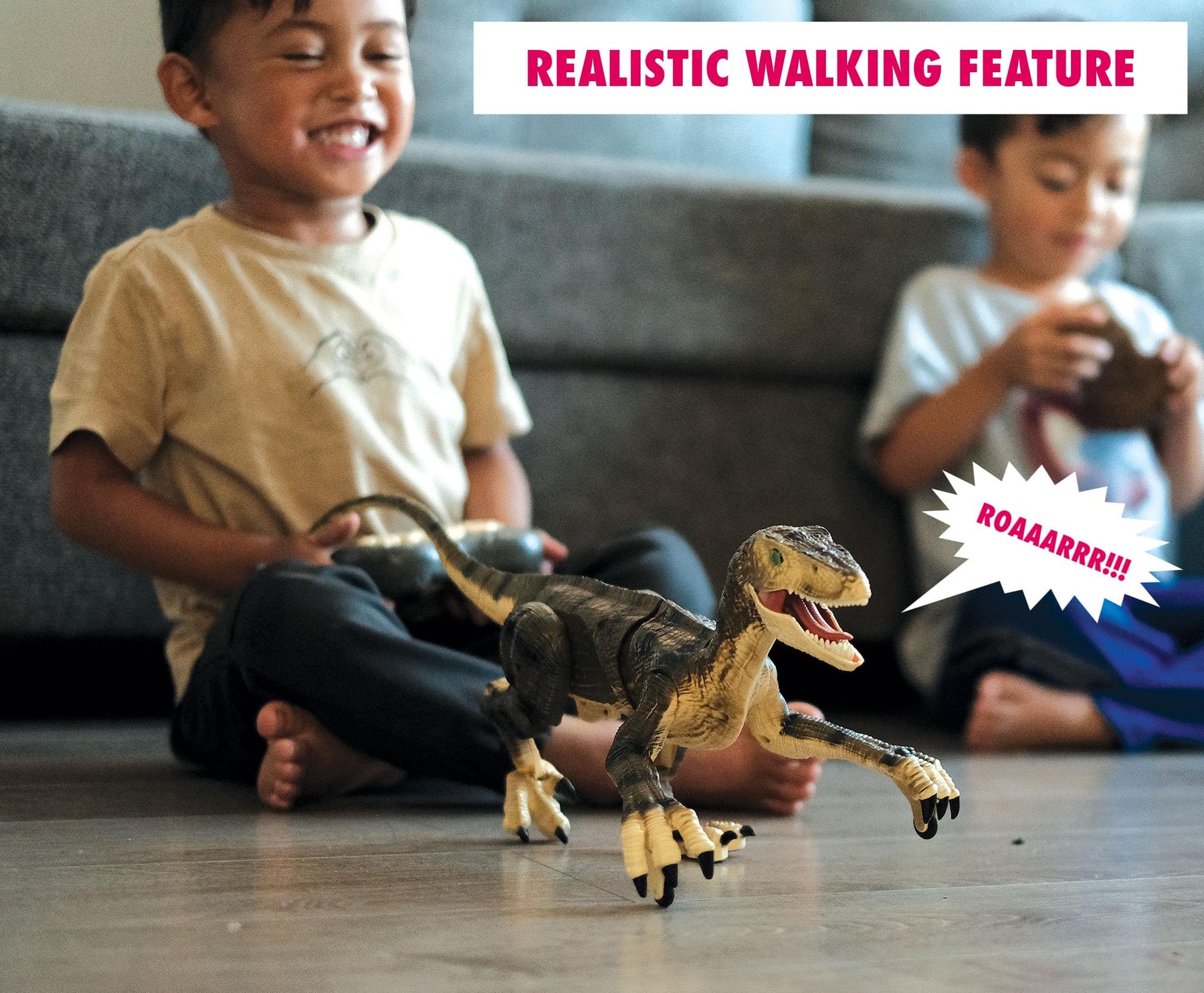 RC Dinosaur Velociraptor Toy with Realistic Walking and Sound Effects | Brown