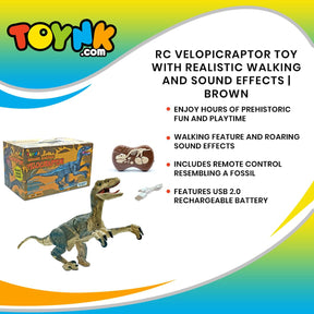 RC Dinosaur Velociraptor Toy with Realistic Walking and Sound Effects | Brown