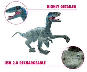 RC Dinosaur Velociraptor Toy with Realistic Walking and Sound Effects | Blue