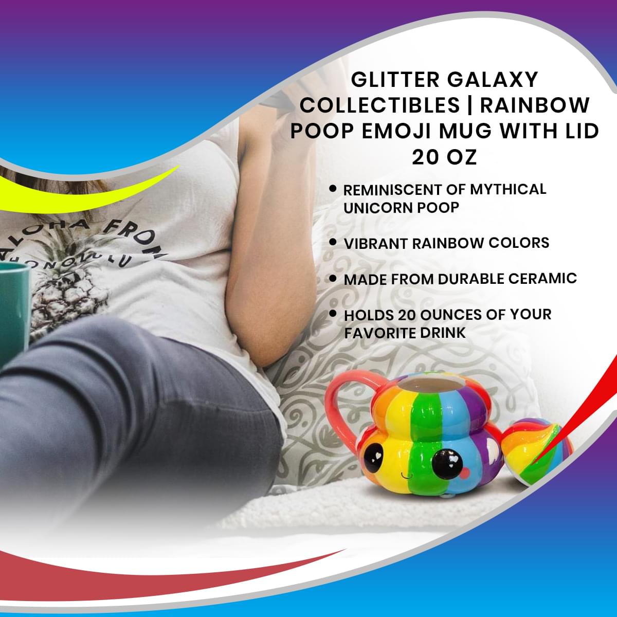 Glitter Galaxy Collectibles | Rainbow Poop Emoji Mug with Lid | 20 oz